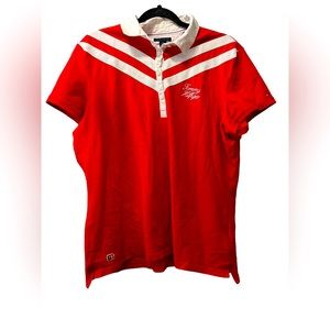 Tommy Hilfiger Women's Polo Shirt Womens 2XL XXL Red and White Embroidered Shirt